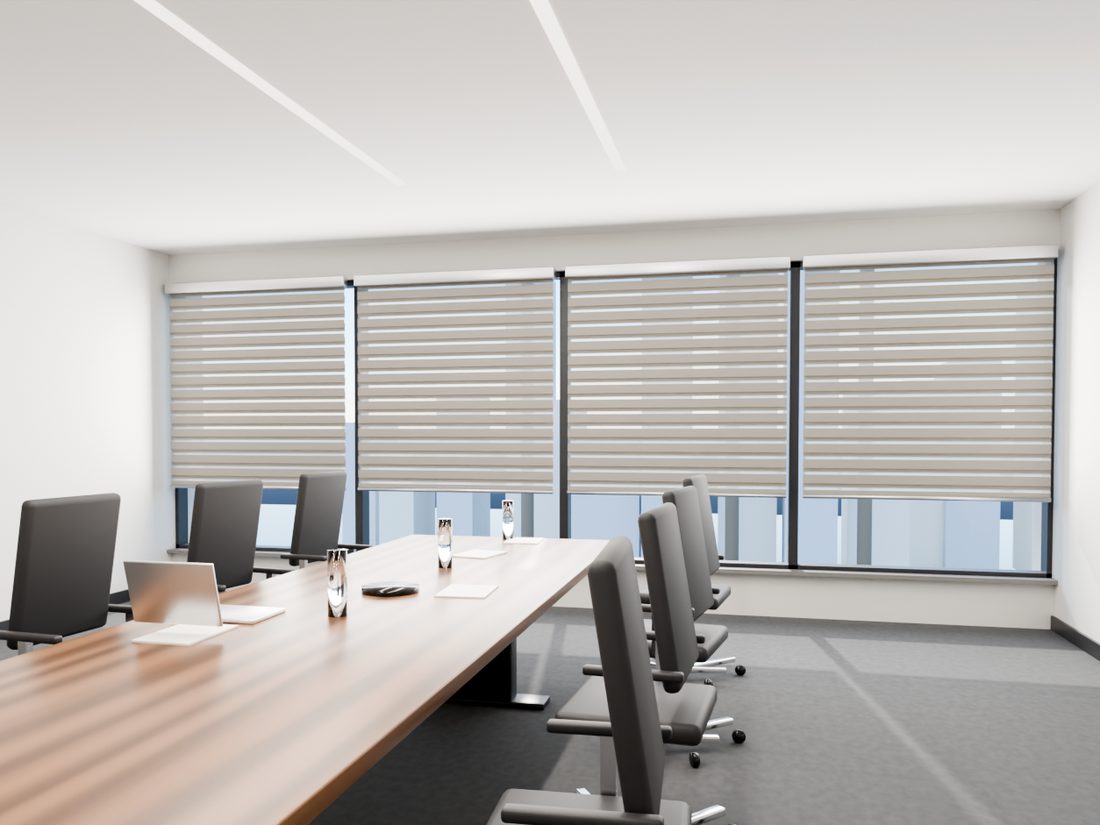 Conference room with zebra blackout shades in the middle position filtering daylight