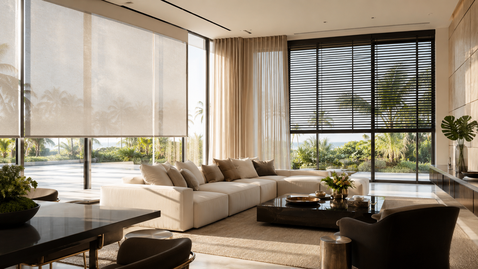 Elegant living room with custom roller shades overlooking a South Florida waterway